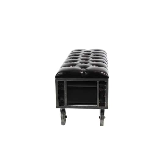 Industrial Rectangular Black Faux Leather and Wood Storage Bench, 19" x 47" x 16"